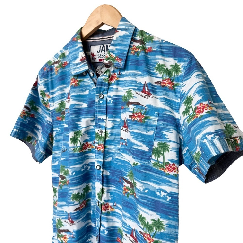 JAM SESSION Men's Blue Graphic Print Hawaiian Shirt Size L Slim Fit Summer